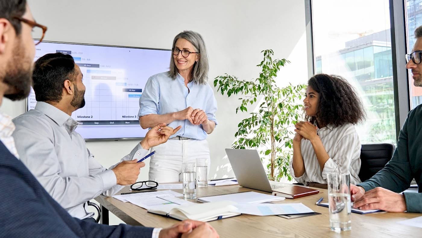 Team meeting with whiteboard, Grey haired woman presenting to male and female colleagues