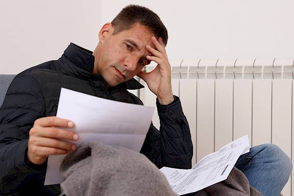 Man looking at bills sat in front of radiator